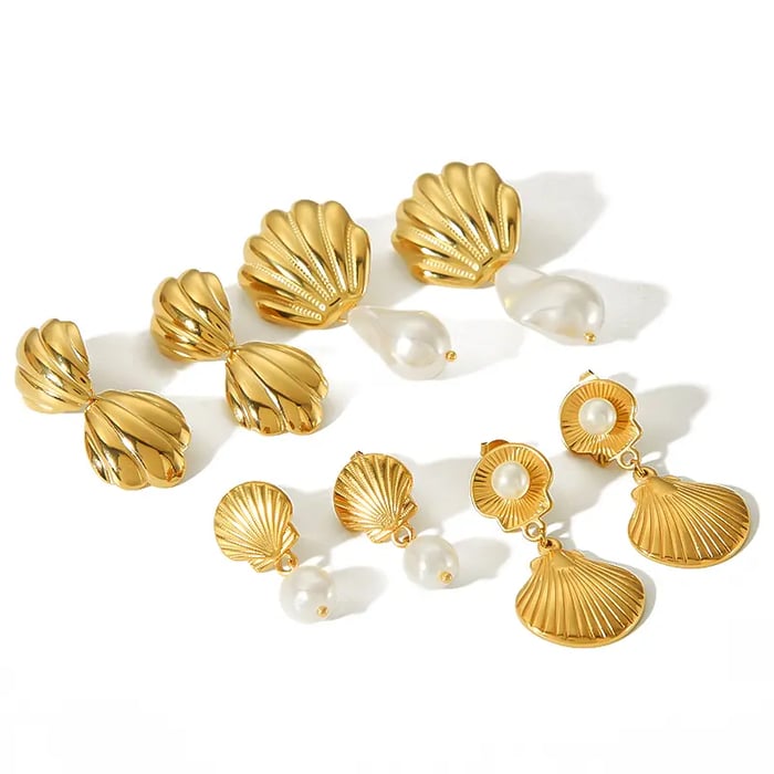 1 Paar kreative, klassische Ohrringe mit Perlenanhänger aus 18 Karat vergoldetem Edelstahl mit geometrischer Muschelstruktur für Damenschmuck zum täglichen Tragen